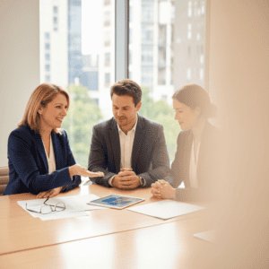 Team of business professionals collaborating in a modern office, discussing strategies with digital devices and documents on the table.