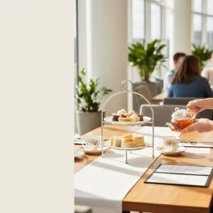 Tea service with cake and sandwiches at a cafe table, with people in the background.