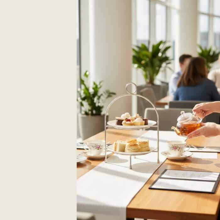 Tea service with cake and sandwiches at a cafe table, with people in the background.