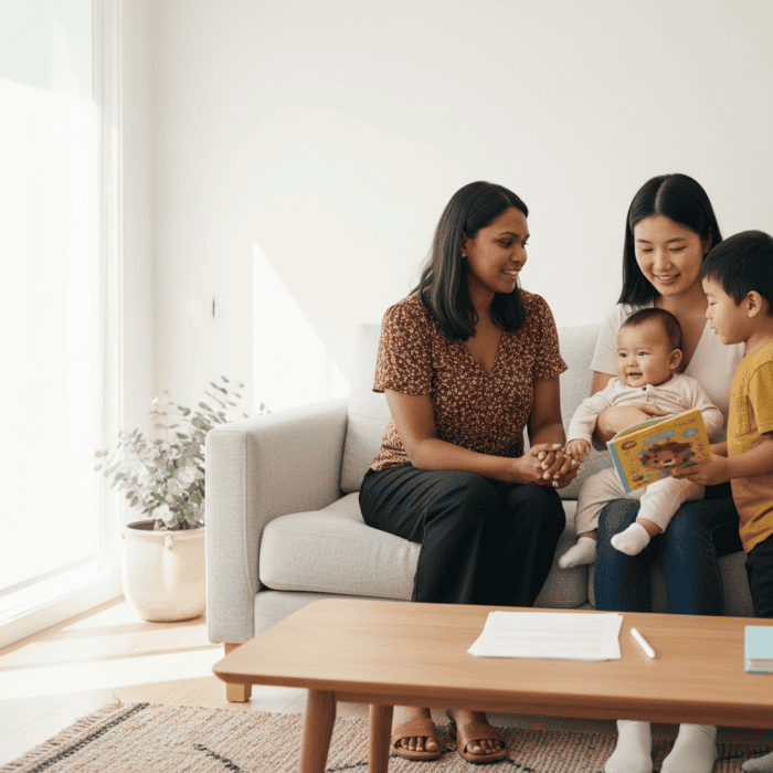 A diverse family enjoying quality time together at home, engaging in a storytelling activity with a young child, highlighting family bonding and communication.