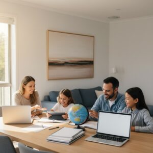 Young family enjoying learning and technology together in a bright, modern living room with natural light and contemporary decor.