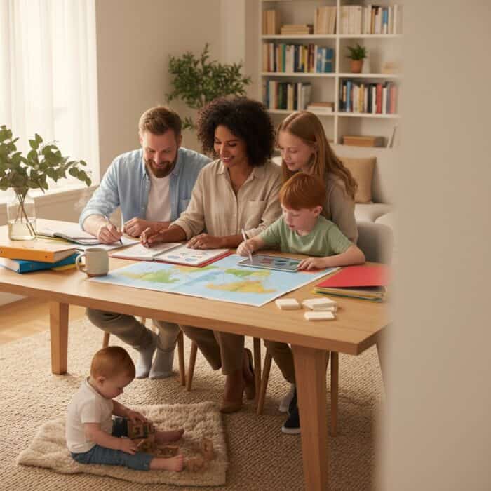 disability support provider answering service - A family of four, including two children, engaging in educational activiti...