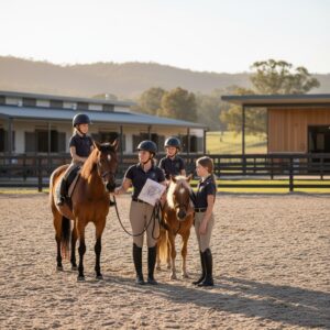 Young riders receiving instruction on horseback riding at outdoor equestrian facility in Australia.