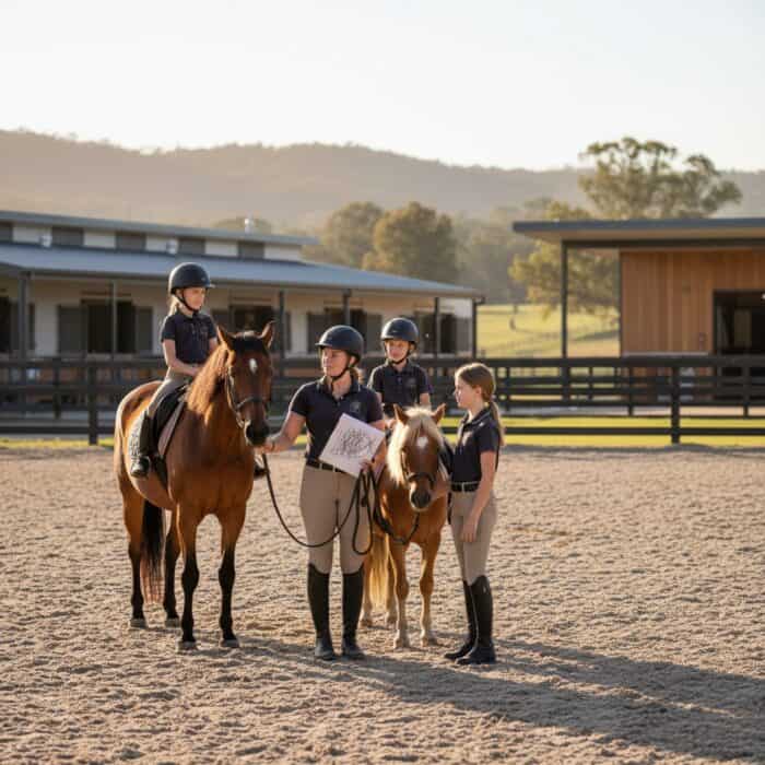 Young riders receiving instruction on horseback riding at outdoor equestrian facility in Australia.