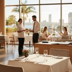 A restaurant scene with waitstaff serving food to guests in a bright, modern dining area with large windows and city views.