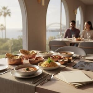 A table set with traditional Middle Eastern dishes, including bread, rice, and stews, in a bright restaurant overlooking a scenic waterfront view with large arched windows.