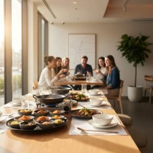 Group of people sitting at a table with plates of food