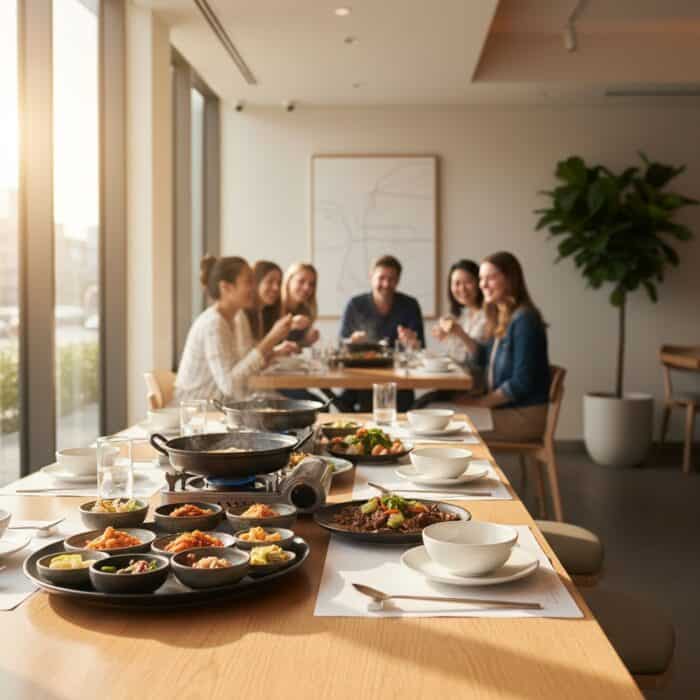 Group of people sitting at a table with plates of food