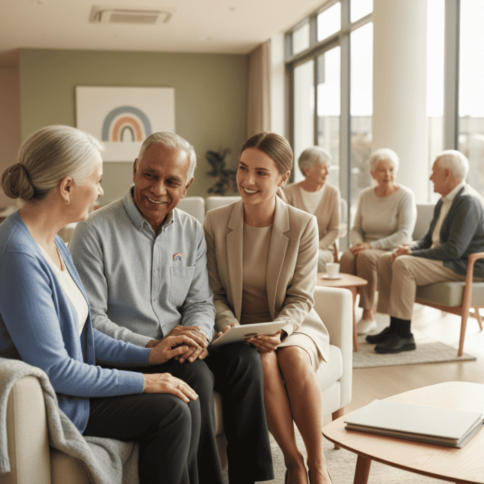 A friendly caregiver engaging with elderly women in a community center, promoting compassionate support and social interaction for seniors through AiDial services.