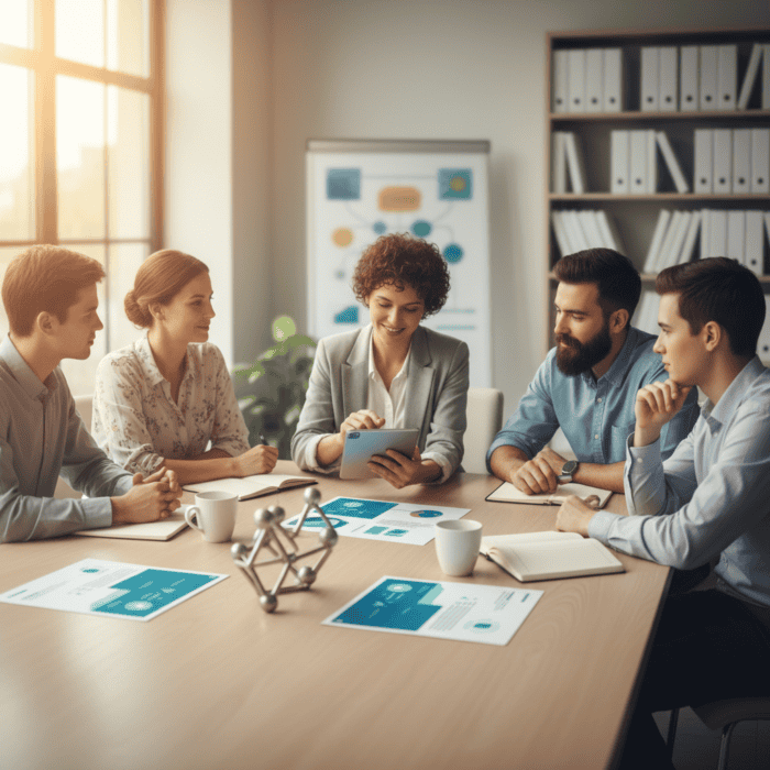 Business team discussing customer support strategies using AI technology in a modern office, emphasizing AI Dial's innovative solutions for Australian businesses.