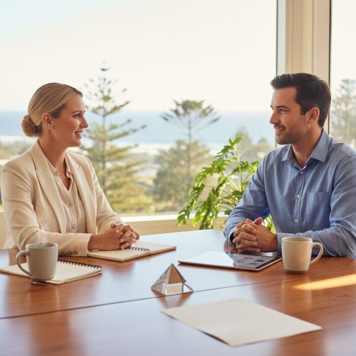 Two professionals having a business meeting in a bright office with large windows, discussing customer support solutions and digital communication strategies.