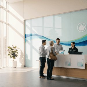 Friendly customer service team at AiDial reception desk helping clients in a professional, modern office setting with natural light and contemporary decor.