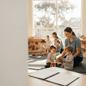 Children playing and learning with a teacher in a bright, modern preschool classroom filled with educational toys and large windows letting in natural light.