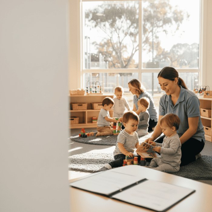 Children playing and learning with a teacher in a bright, modern preschool classroom filled with educational toys and large windows letting in natural light.