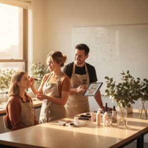 Instructor demonstrating skincare techniques to a young student during a hands-on workshop in a bright, modern classroom setting with natural light and educational materials.