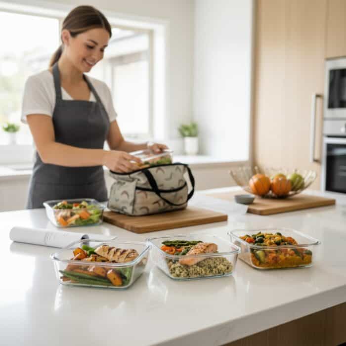 Woman preparing healthy meal containers in a bright, modern kitchen with fresh vegetables and cooked dishes, promoting nutritious eating and meal planning.