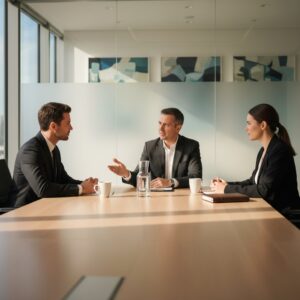 A group of three business professionals engaged in a discussion during a meeting in a contemporary office setting, with large windows and abstract artwork in the background.