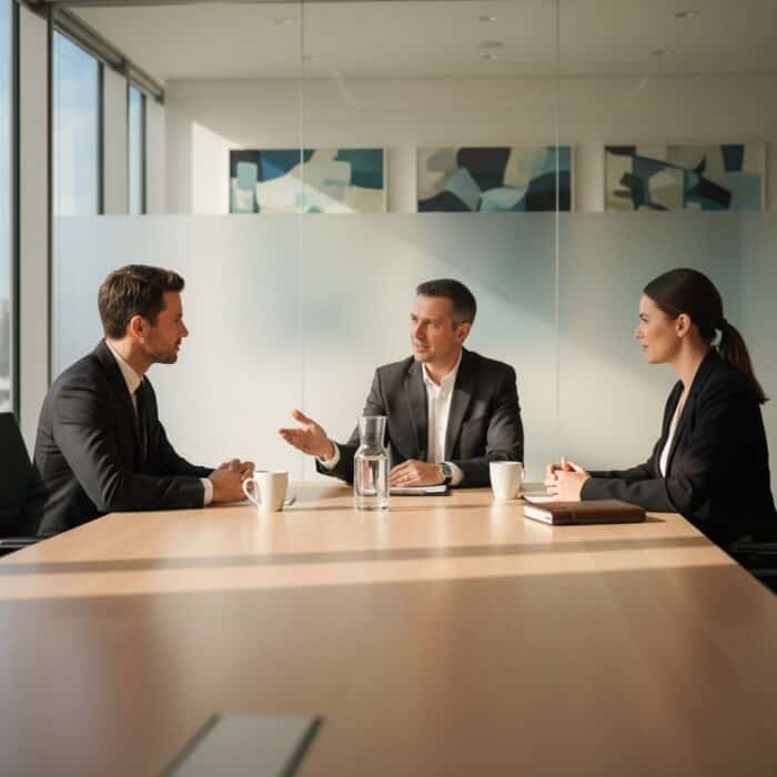 A group of three business professionals engaged in a discussion during a meeting in a contemporary office setting, with large windows and abstract artwork in the background.