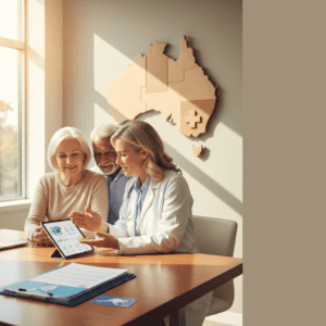 Healthcare professional consulting with elderly patients in Australia, discussing health management using a tablet, with a map of Australia and a medical cross on the wall.