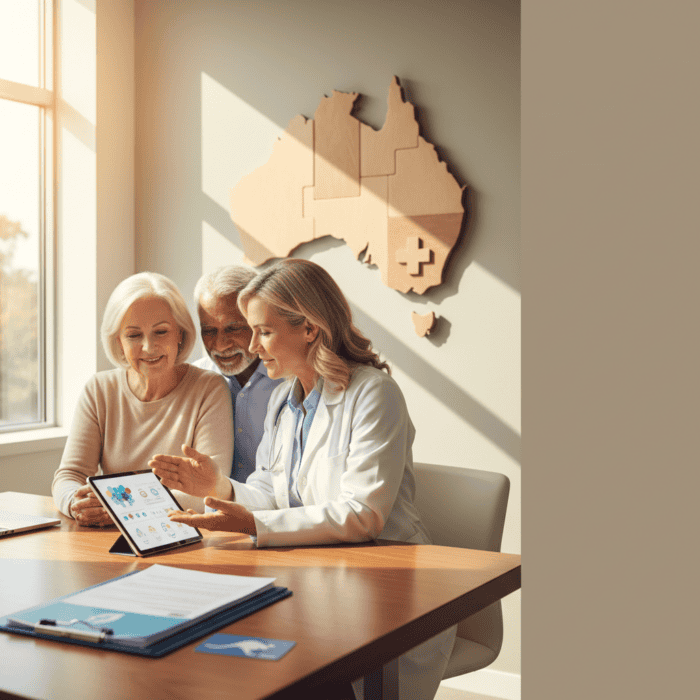 Healthcare professional consulting with elderly patients in Australia, discussing health management using a tablet, with a map of Australia and a medical cross on the wall.