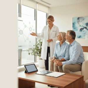 An image of a healthcare professional explaining medical data to an elderly couple in a modern clinic, highlighting AI-driven healthcare solutions and patient engagement.