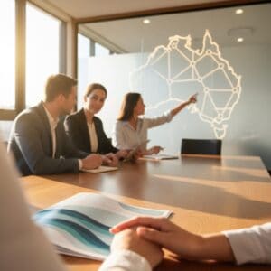 A professional business meeting in a modern conference room with a focus on Australia map analysis and strategic planning.