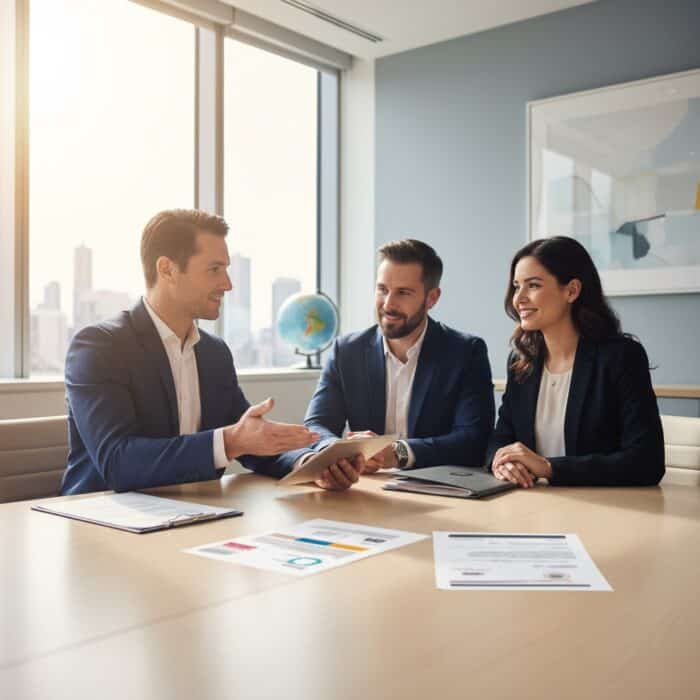 Business professionals having a discussion in a modern office with large windows, documents, and a globe on the table, representing corporate communication and teamwork.