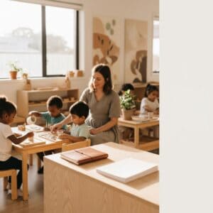 Bright kindergarten classroom with a teacher engaging young children in learning activities, featuring natural light, educational decor, and a welcoming environment for early education.