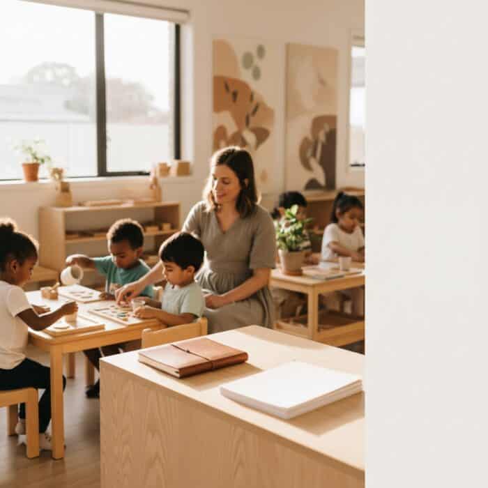 Bright kindergarten classroom with a teacher engaging young children in learning activities, featuring natural light, educational decor, and a welcoming environment for early education.