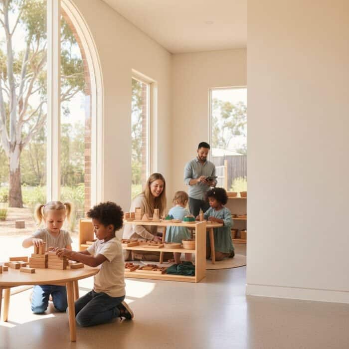 montessori schools - Children engaging in educational play with wooden blocks in a sunny, spacious classroom setting.