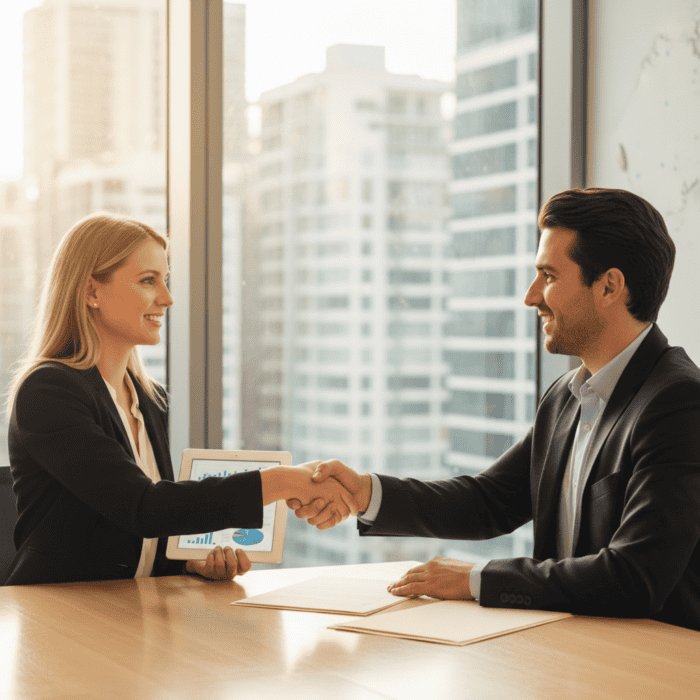 A professional image of a man and woman shaking hands in a bright, modern office with city views, representing business success, partnership, and corporate communication.