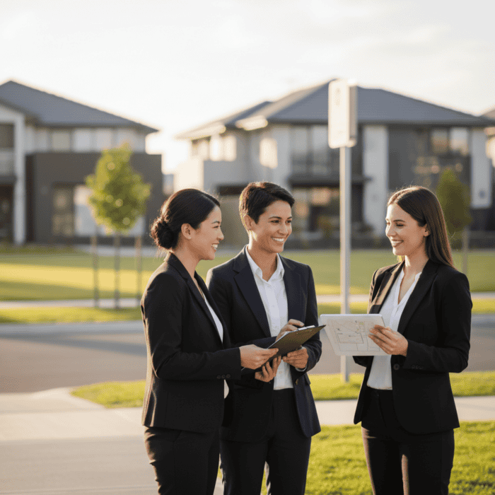 Three professional women in business attire having a discussion outdoors in a suburban neighborhood, representing real estate agents or property consultants.