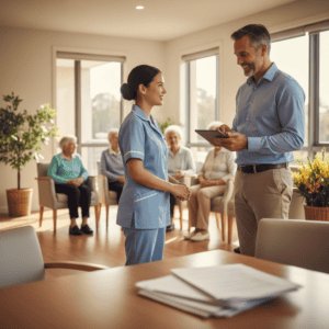 A nurse and a male staff member talking to a senior resident in a care home lounge, with other residents seated in the background, promoting elderly care and support services.