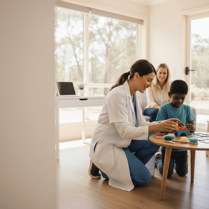 A friendly pediatric dentist engaging with a young patient and parent in a bright, welcoming dental clinic setting, promoting children's dental health and care.