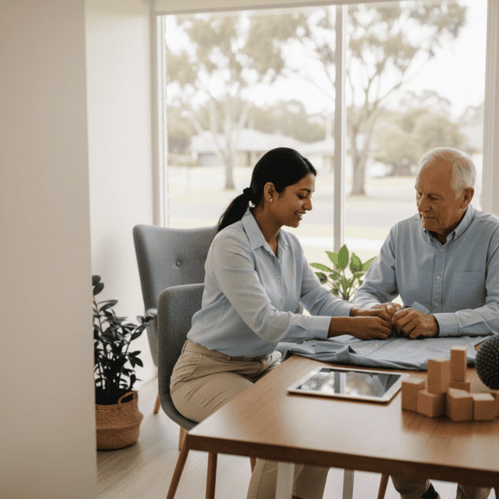 Friendly customer support agent assisting an elderly man in a professional office setting, emphasizing quality service and communication.