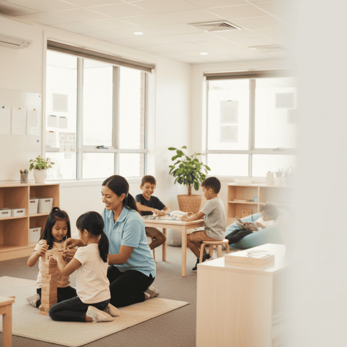 Bright kindergarten classroom with children playing and learning, guided by a teacher, featuring large windows, educational toys, and a welcoming environment for early childhood education.