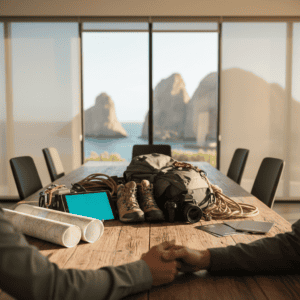 Modern conference room with travel gear, camera, and maps on the table, overlooking scenic ocean view through large windows, ideal for remote work and virtual meetings.