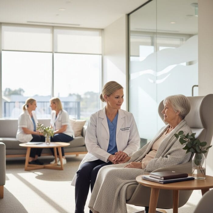 Medical team providing compassionate care to elderly patient in a bright, modern healthcare facility with large windows and a welcoming atmosphere.