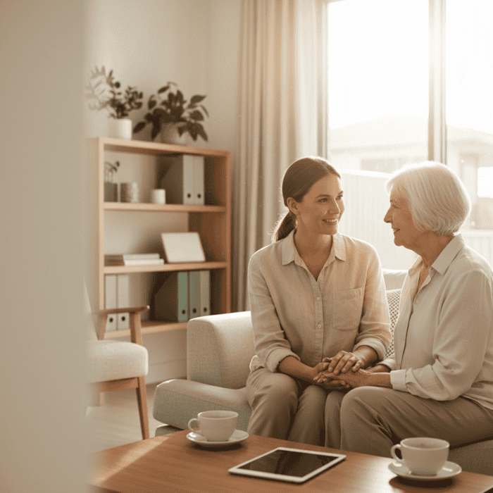 A caregiver and an elderly woman sitting together in a cozy living room, smiling and engaging in a warm conversation, highlighting compassionate elderly care and support.