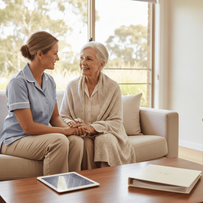 respite care phone answering service - A caring nurse providing support and companionship to an elderly woman in a bright,...