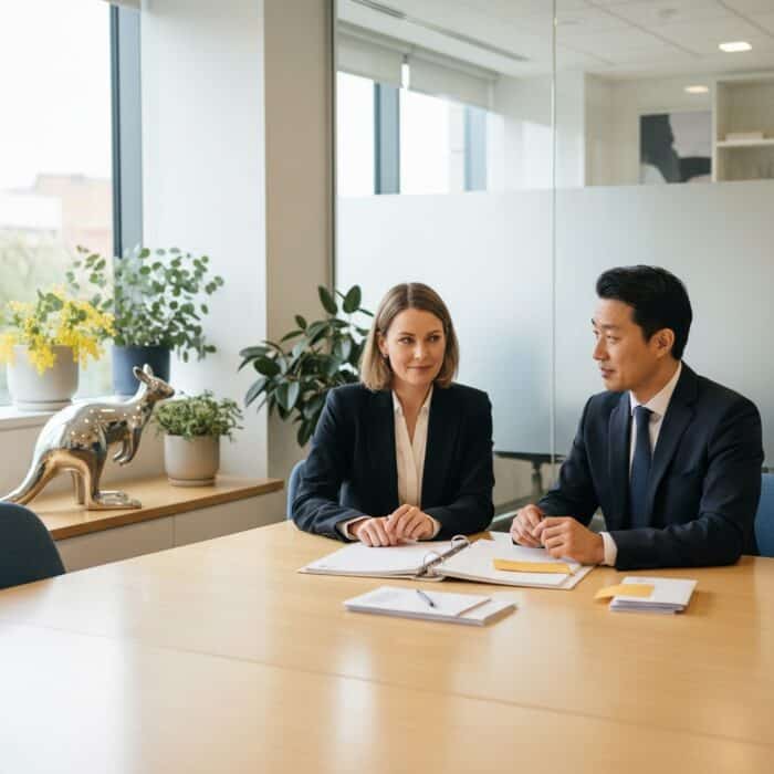 Two professionals, a woman and a man, engaged in a business discussion at a modern office table with documents, laptops, and plants, representing corporate communication and teamwork.