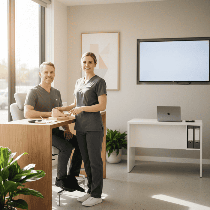 Friendly healthcare professionals in a modern clinic, engaging in patient consultation, with a clean, well-lit environment, digital screen, and medical equipment for optimal patient care.