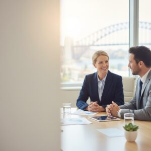 Professional business meeting between two colleagues in a modern office with large window overlooking a bridge, featuring a tablet, documents, and glasses of water.