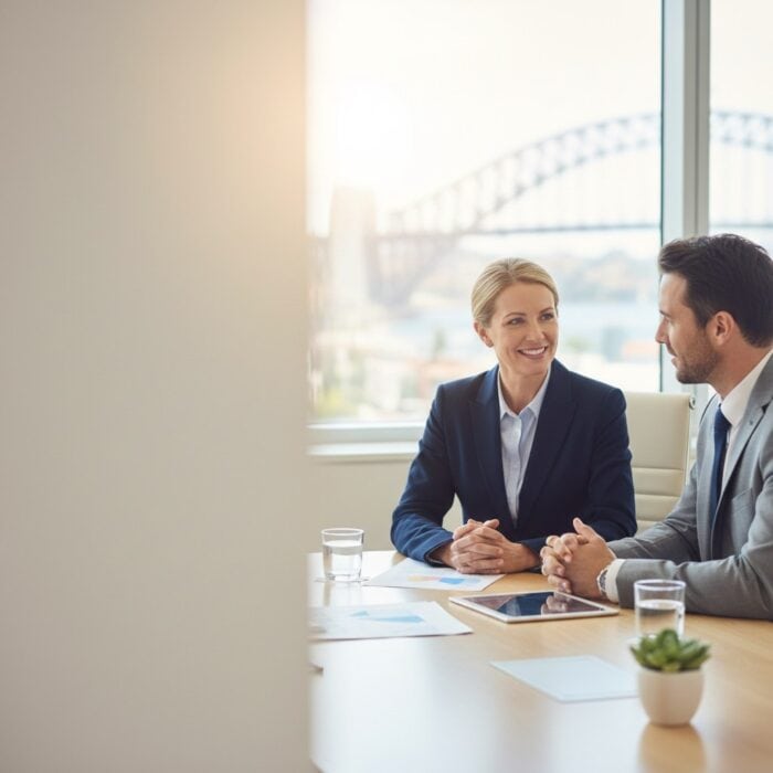 Professional business meeting between two colleagues in a modern office with large window overlooking a bridge, featuring a tablet, documents, and glasses of water.