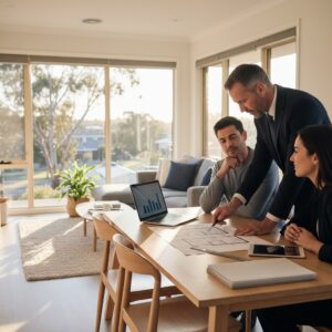 Business professionals discussing strategies during a meeting in a modern, sunlit office with large windows and contemporary furniture.
