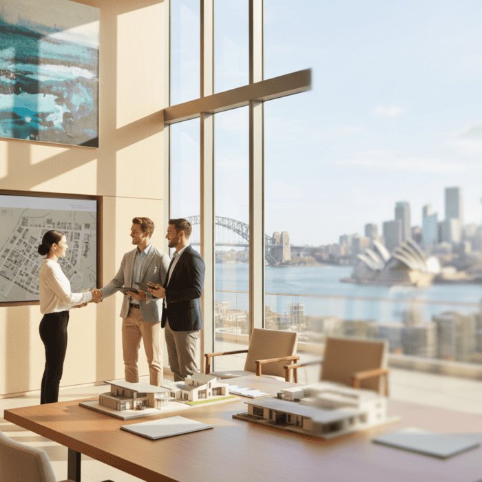 An image of three professionals shaking hands in a contemporary office space with large windows overlooking the Sydney Harbour Bridge and city skyline, emphasizing corporate success and collaboration.