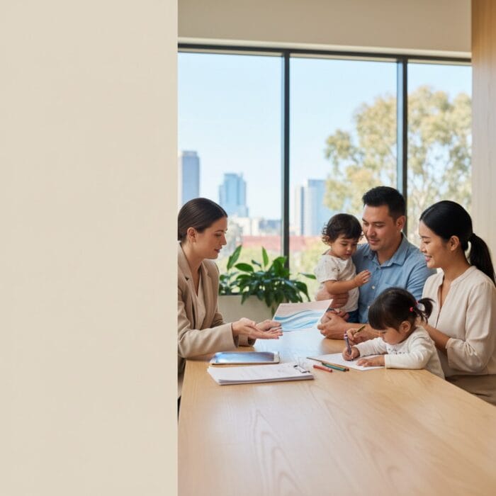 A family of four, including two children, consulting with a professional in a bright, modern office with large windows and cityscape view, promoting AI-powered family support services.