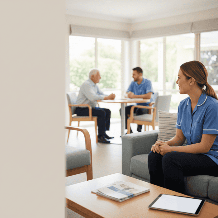 A caregiver in blue uniform sitting on a sofa, attentively listening to an elderly patient and a younger adult in a well-lit, modern room with large windows, promoting healthcare and support services.