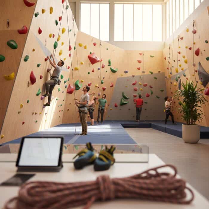 Indoor rock climbing gym with colorful holds and safety mats, featuring climbers and instructors in a spacious, well-lit facility for fitness and recreation.