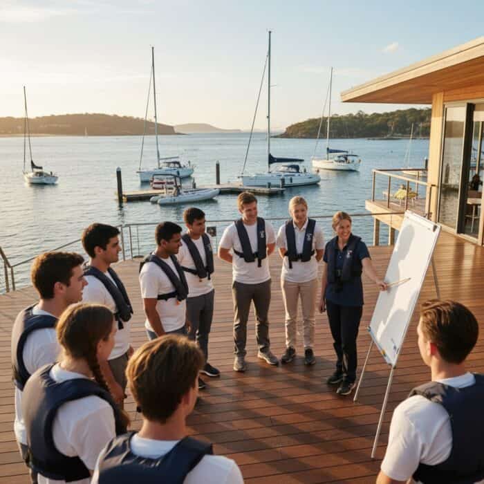 Team training session on a boat deck with a scenic harbor background, focusing on leadership, teamwork, and communication skills for effective team development.